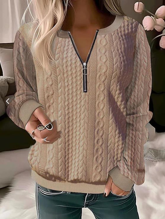Sweter damski – Wełna mix – Luźny krój – Kabelkowy splot – Zamek błyskawiczny – Rybaczki