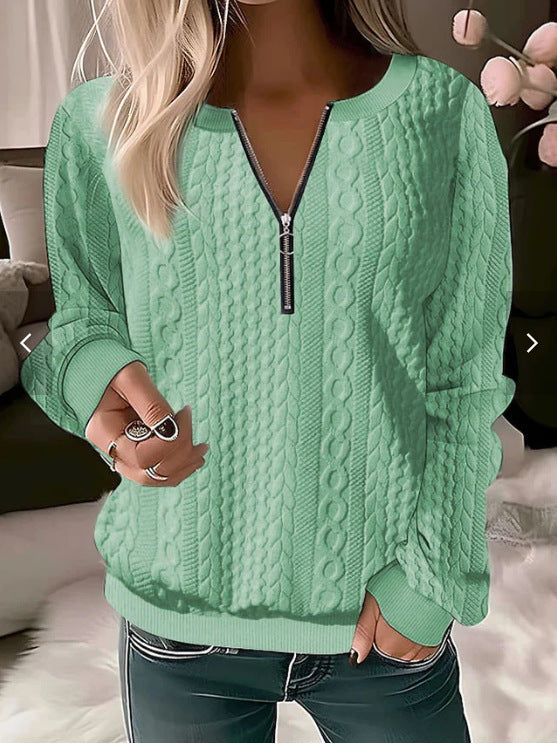 Sweter damski – Wełna mix – Luźny krój – Kabelkowy splot – Zamek błyskawiczny – Rybaczki