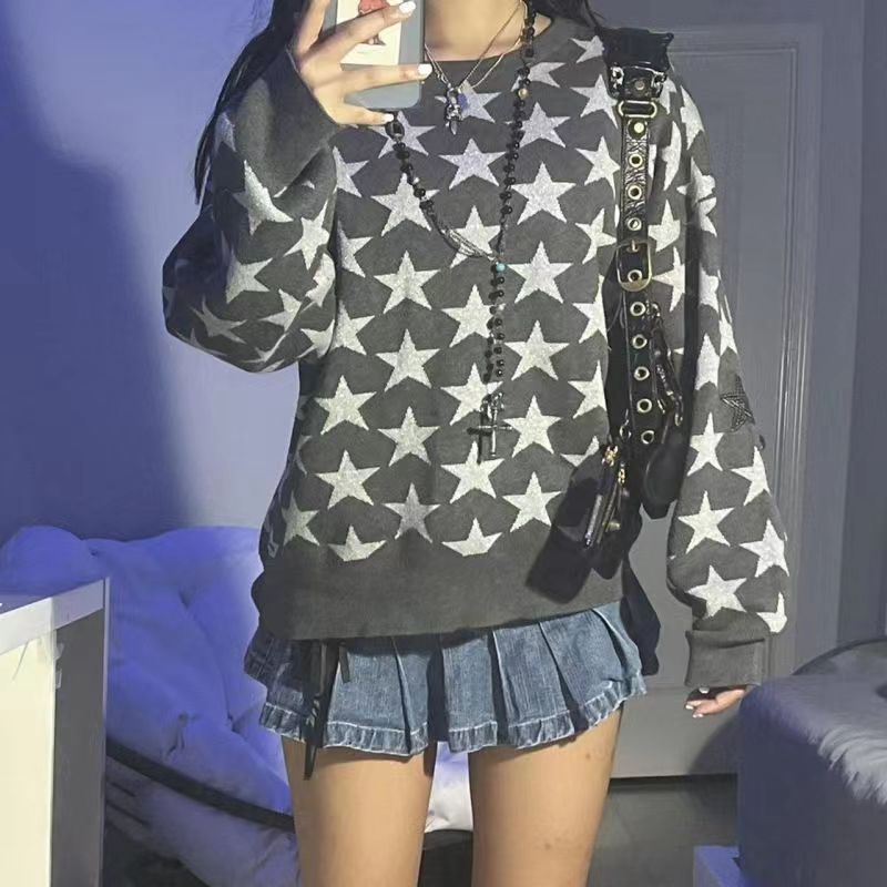 Damski sweatshirt – Luźny krój – Mieszanka bawełny – Długi rękaw – Wzór w gwiazdy