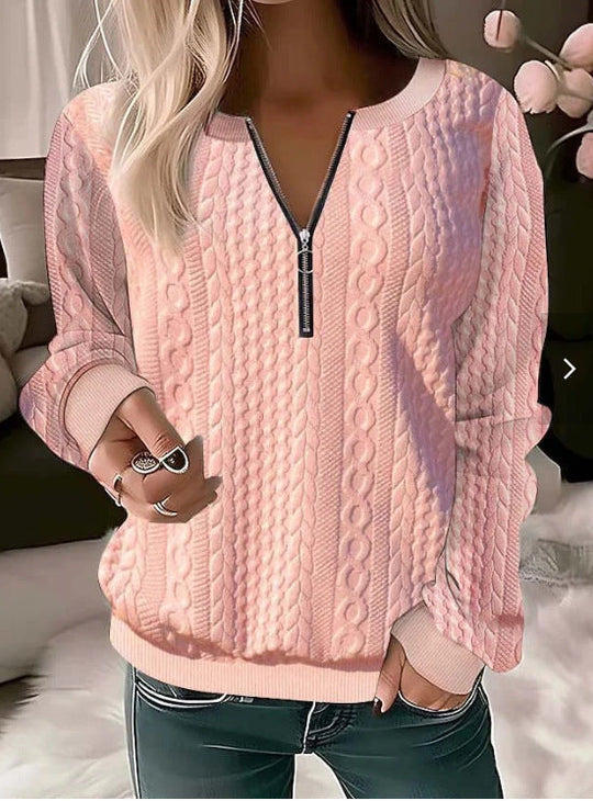 Sweter damski – Wełna mix – Luźny krój – Kabelkowy splot – Zamek błyskawiczny – Rybaczki