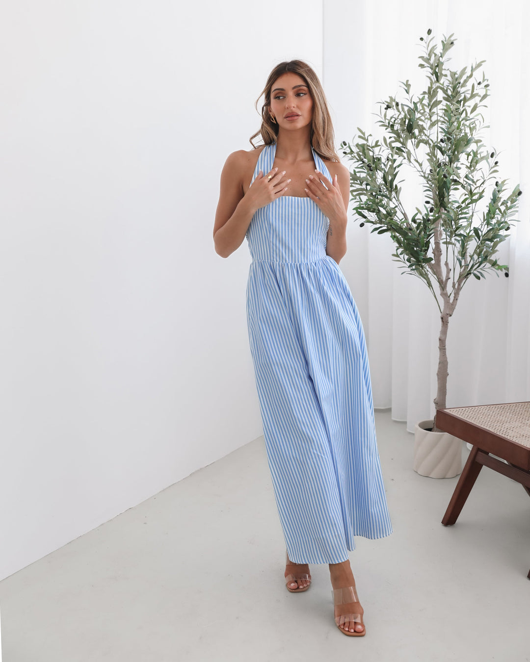 Kobieta | Sukienka Maxi | Wzór w Paski | Dekolt Halter | Spódnica A-Line | Styl Elegancki Casual