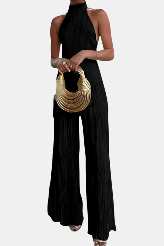 Pilarica | Plisowany Zestaw z Topem Halter i Szerokimi Spodniami | Elegancki Wieczorowy Look