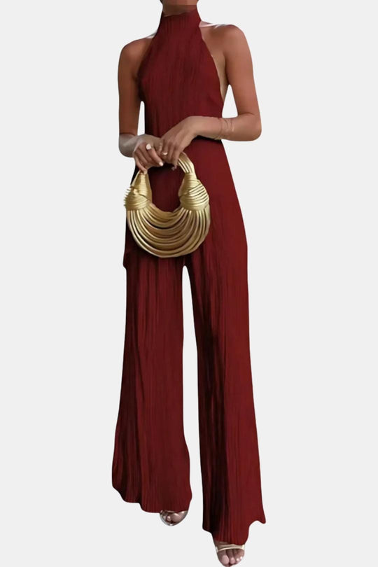 Pilarica | Plisowany Zestaw z Topem Halter i Szerokimi Spodniami | Elegancki Wieczorowy Look