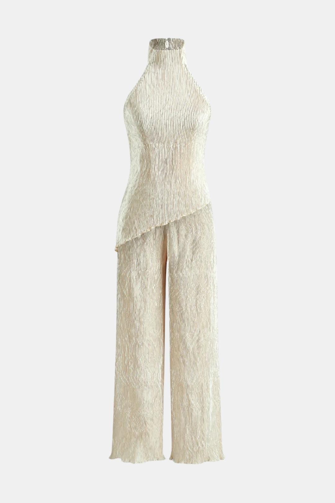 Pilarica | Plisowany Zestaw z Topem Halter i Szerokimi Spodniami | Elegancki Wieczorowy Look