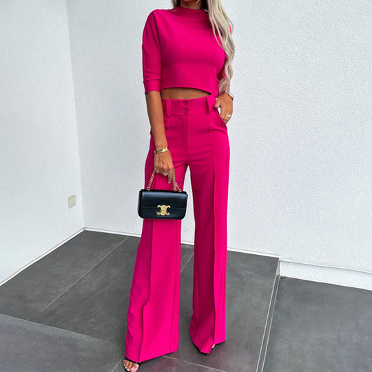 Kobieta | Zestaw 2-częściowy | Top z Krótkim Rękawem | Luźne Spodnie | Styl Casual Elegancki