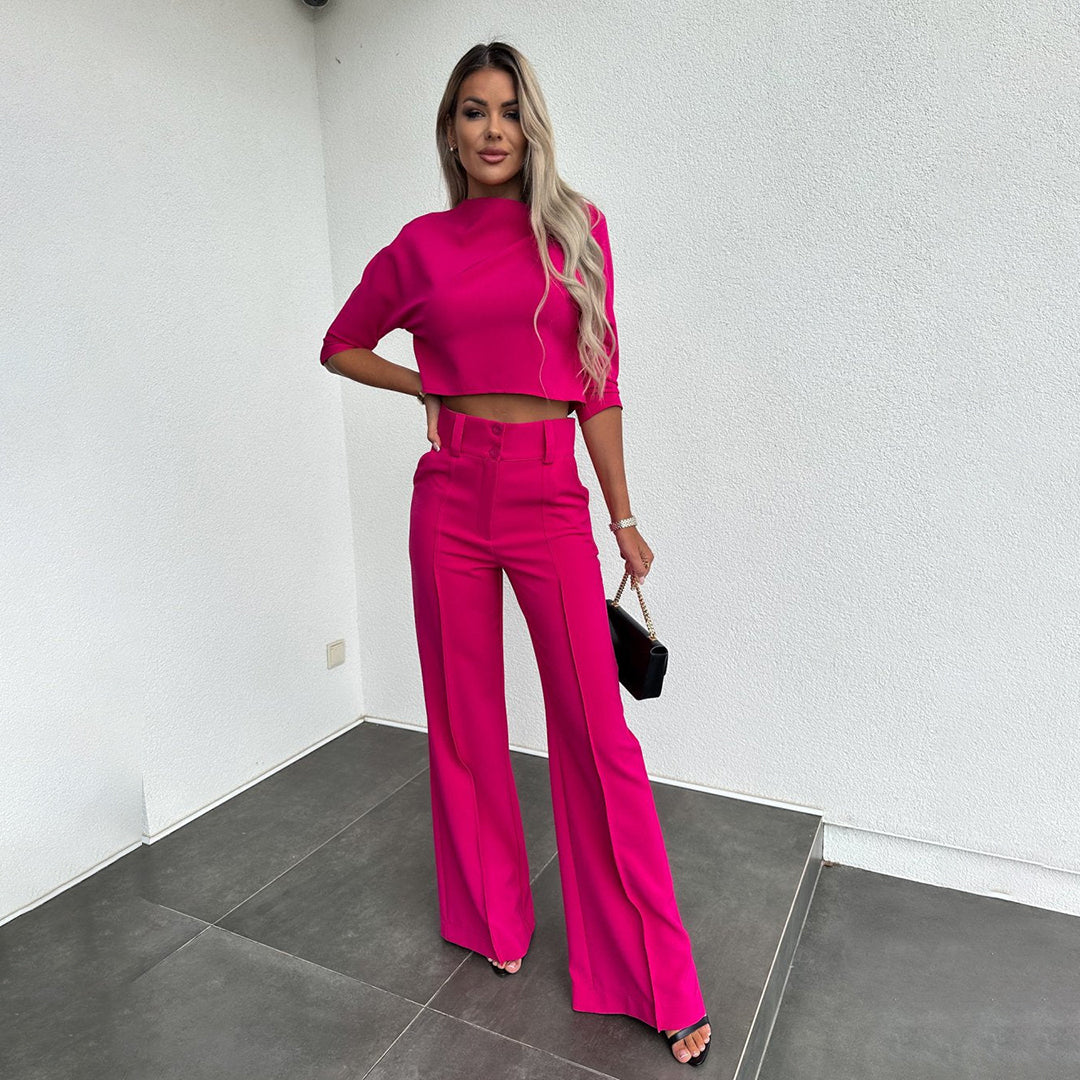 Kobieta | Zestaw 2-częściowy | Top z Krótkim Rękawem | Luźne Spodnie | Styl Casual Elegancki