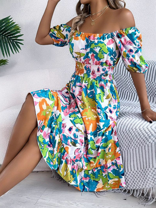 Rosa | Damska Sukienka Boho Midi w Kwiatowy Wzór | Off-Shoulder | Bufiaste Rękawy | Rozkloszowana Sukienka na Lato i Wakacje