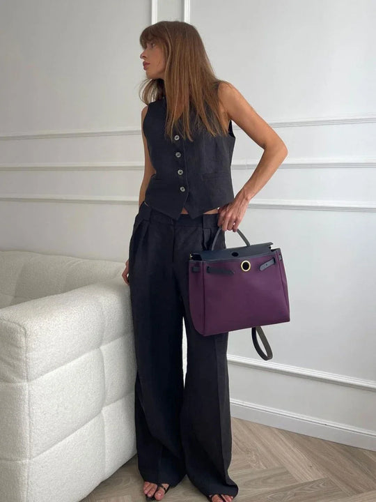Kobieta | Elegancki Zestaw Lniany | Top Bez Rękawów | Dopasowane Spodnie | Stylowy Komplet