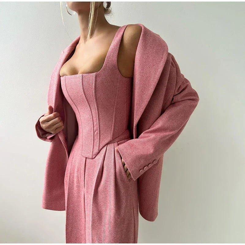 Damski | Zestaw Garniturowy 3-Częściowy | Blazer | Top Gorsetowy | Spodnie z Wysokim Stanem | Pat | Elegancki