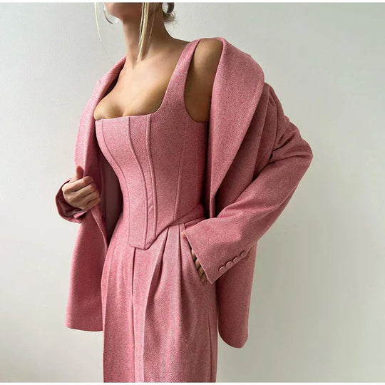 Damski | Zestaw Garniturowy 3-Częściowy | Blazer | Top Gorsetowy | Spodnie z Wysokim Stanem | Pat | Elegancki