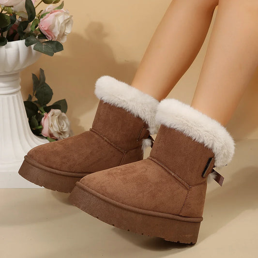 Botki damskie | futrzany kołnierz, kokardka