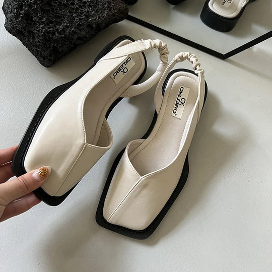 Amelija | Skórzane Sandały Slingback dla Kobiet - Płaskie, Kwadratowy Nos, Wygodne Buty
