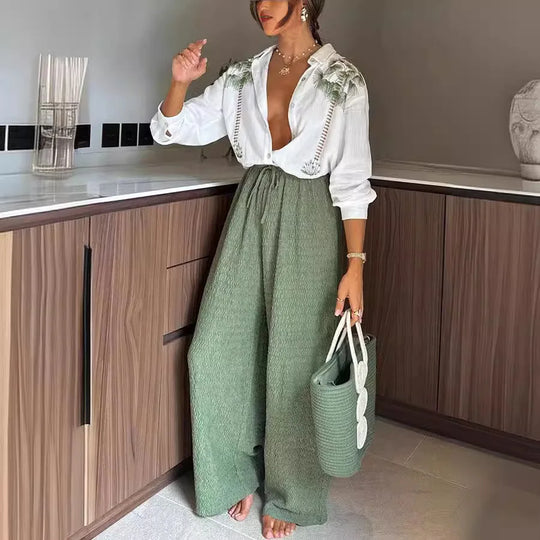 Callie | Casualny Letni Zestaw | Luźne Spodnie | Biała Bluzka | Modny | Wygodny