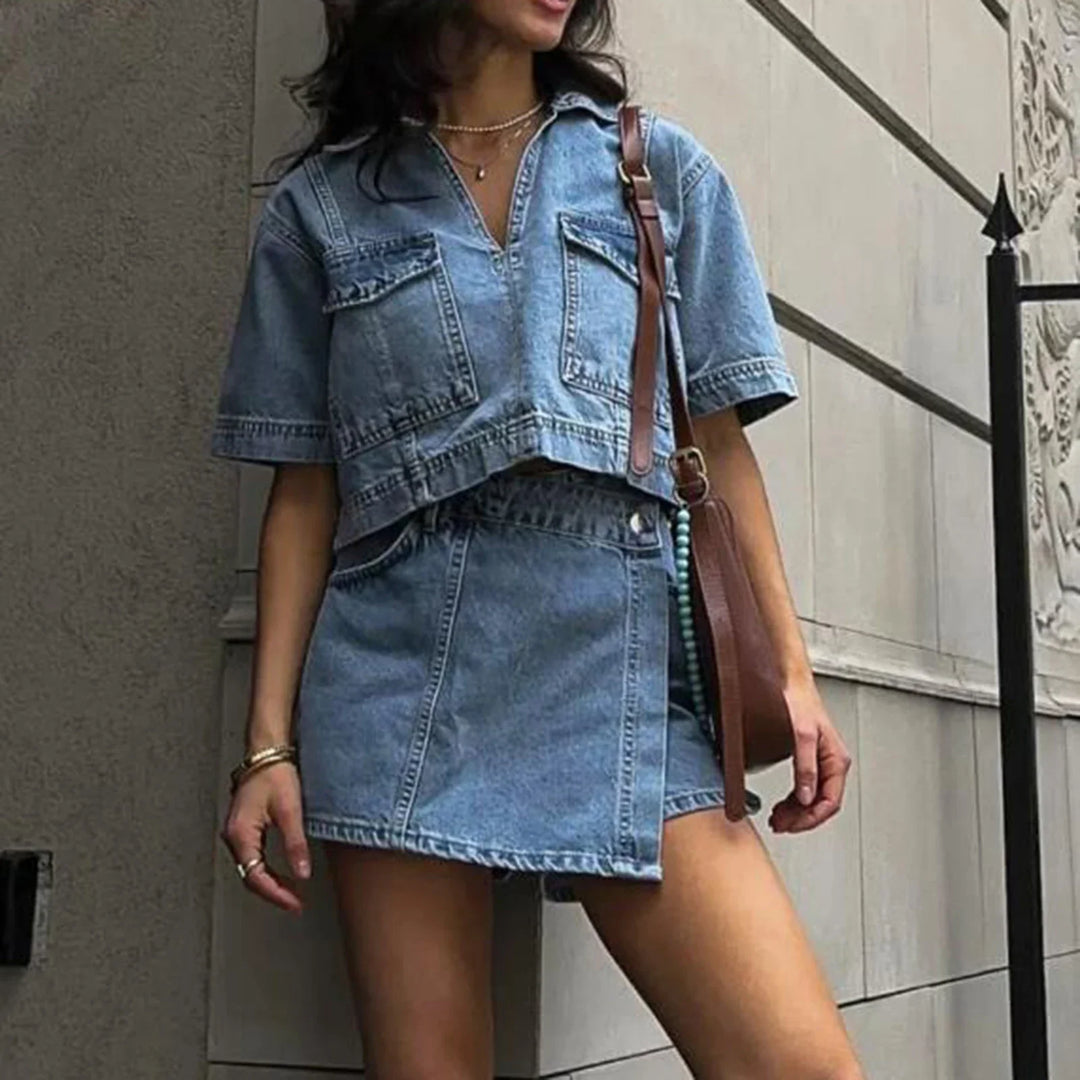 Kobieta | Stylowy Zestaw 2-Częściowy | Krótka Kurtka | Krótka Spódnica | Casual Streetwear