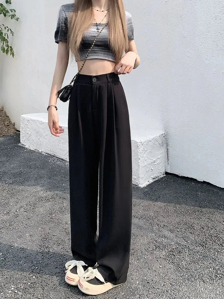 Damskie Spodnie z Wysokim Stanem i Szerokimi Nogawkami | Kieszenie Boczne | Zapięcie na Guzik i Zamek | Eleganckie Spodnie Casual