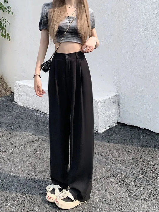 Damskie Spodnie z Wysokim Stanem i Szerokimi Nogawkami | Kieszenie Boczne | Zapięcie na Guzik i Zamek | Eleganckie Spodnie Casual
