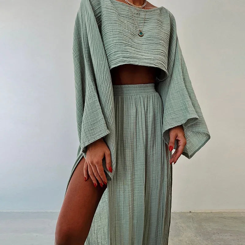 Kobieta | Stylowy Zestaw 2-Częściowy | Crop Top z Długim Rękawem | Długa Spódnica z Rozcięciami | Nowoczesny Komplet