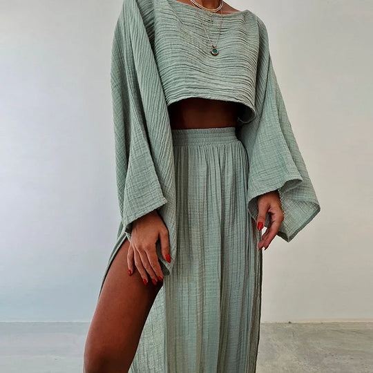 Kobieta | Stylowy Zestaw 2-Częściowy | Crop Top z Długim Rękawem | Długa Spódnica z Rozcięciami | Nowoczesny Komplet