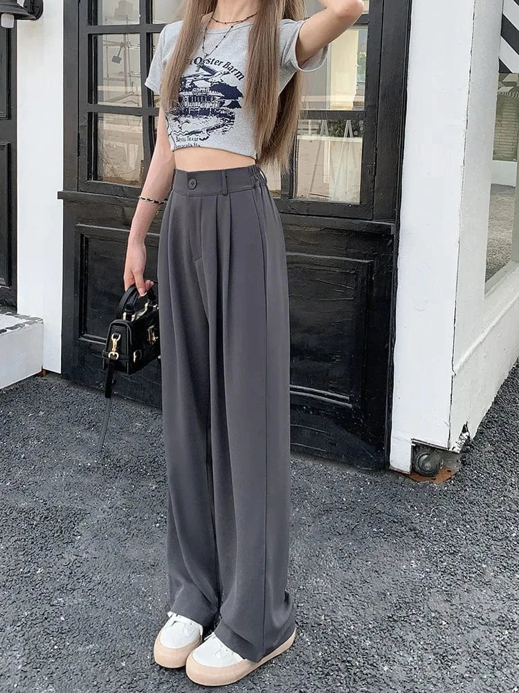 Damskie Spodnie z Wysokim Stanem i Szerokimi Nogawkami | Kieszenie Boczne | Zapięcie na Guzik i Zamek | Eleganckie Spodnie Casual