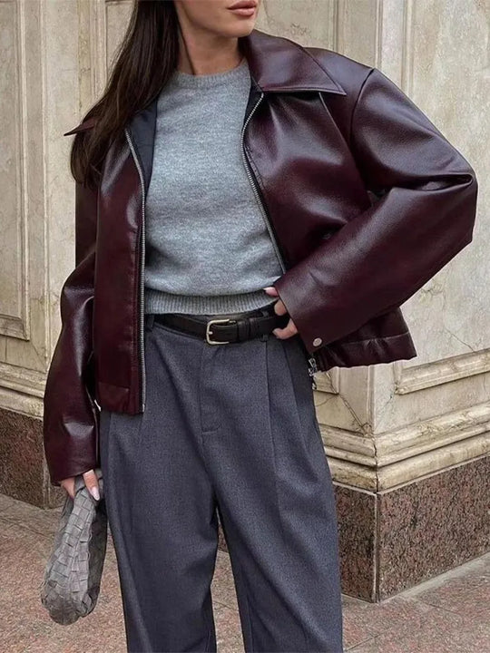 Estée Vintage Bordowa Skórzana Kurtka | Zamek Błyskawiczny | Stylowa i Wszechstronna | Kurtka Jesień/Zima