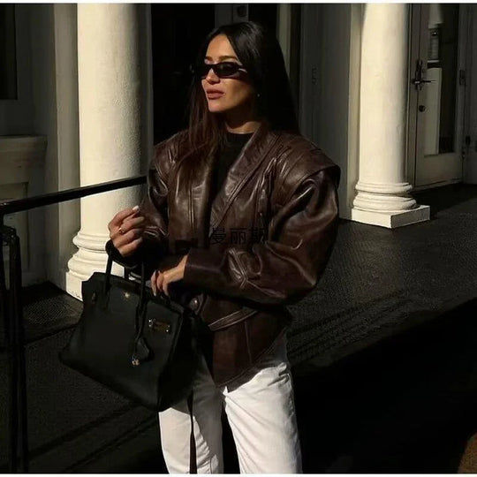 Maïa Elegancka Kurtka z Sztucznej Skóry Damska | Pasek | Krótki Fason | Stylowa i Nowoczesna