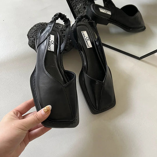 Amelija | Skórzane Sandały Slingback dla Kobiet - Płaskie, Kwadratowy Nos, Wygodne Buty