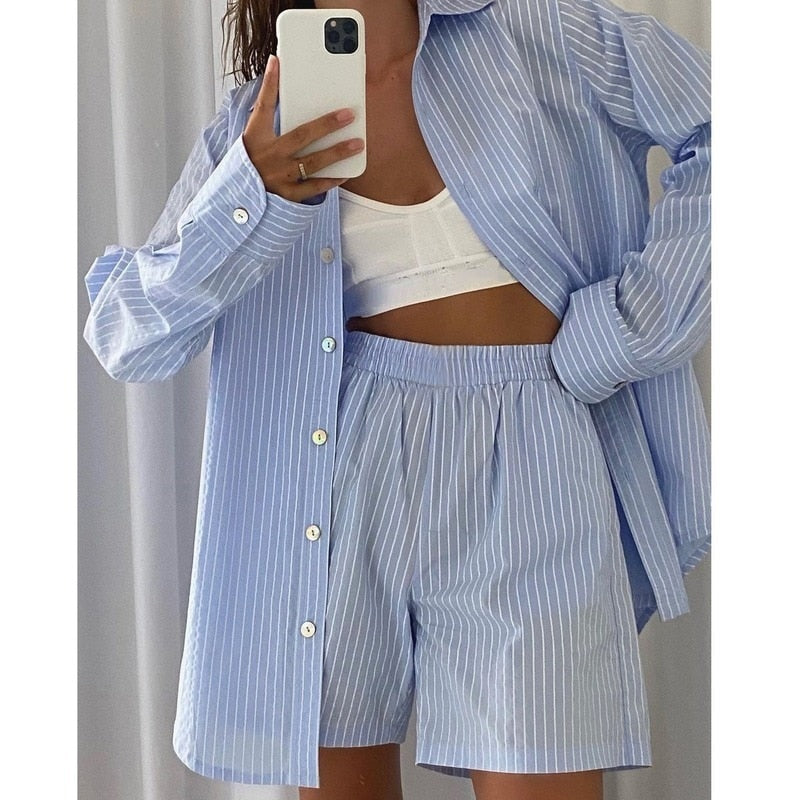Roxana | Komplet Dwu-częściowy | Paski | Loungewear | Top z Guzikami | Szorty | Damski