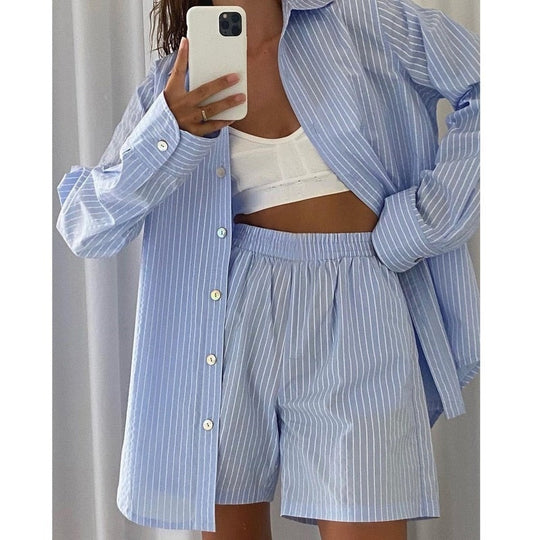 Roxana | Komplet Dwu-częściowy | Paski | Loungewear | Top z Guzikami | Szorty | Damski