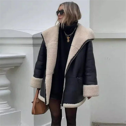 Kurtka damska | shearling, szeroki kołnierz