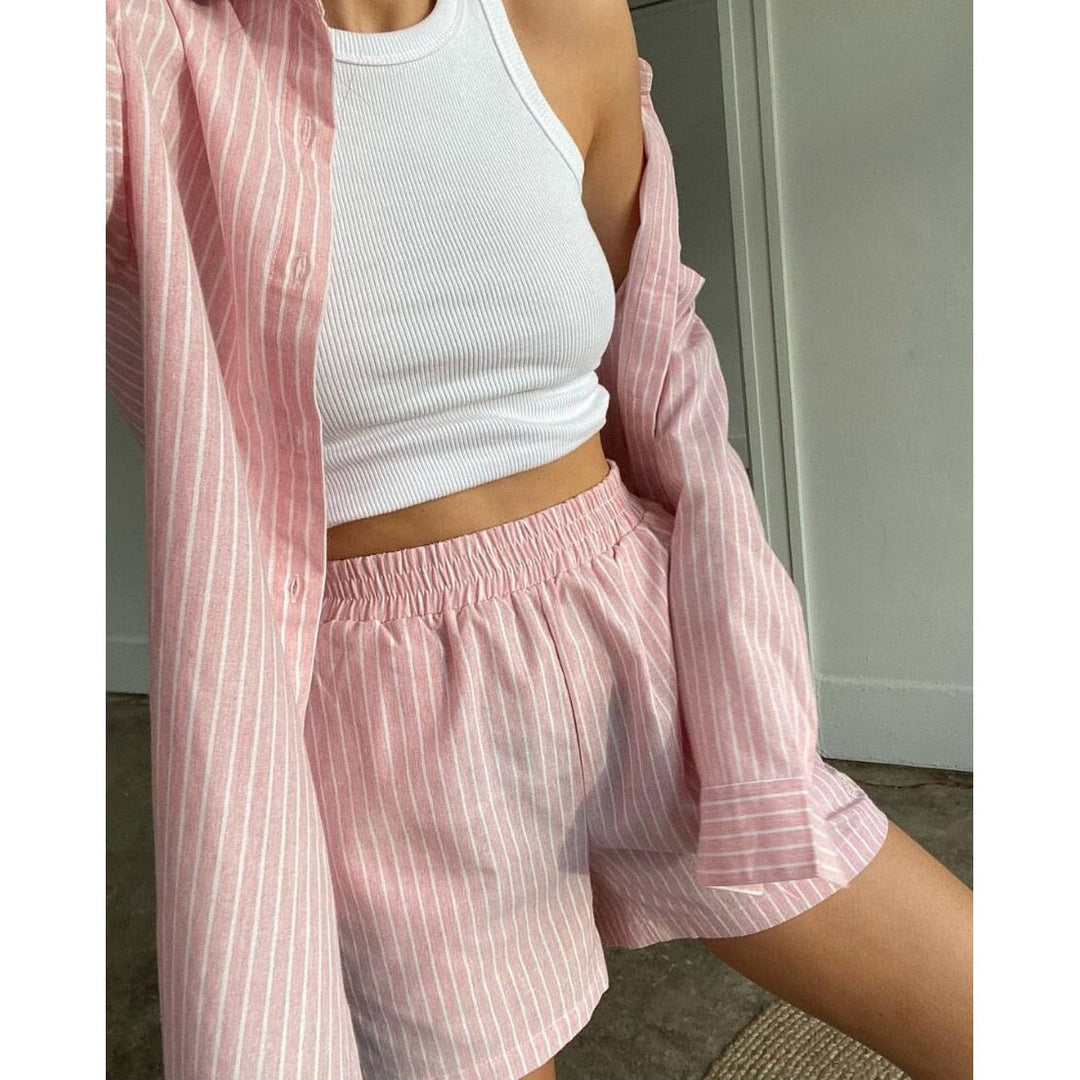 Roxana | Komplet Dwu-częściowy | Paski | Loungewear | Top z Guzikami | Szorty | Damski
