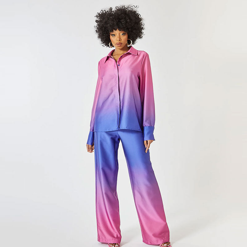 Zoey | Letni Dwuczęściowy Zestaw z Kolorowym Przejściem | Bluzka z Bufkami i Spodnie