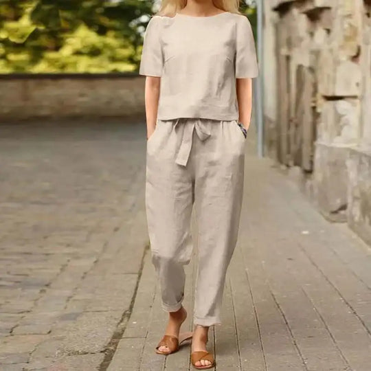 Linen Ease | Damski Lniany Zestaw Dwuczęściowy z Topem i Spodniami | Lekki Styl