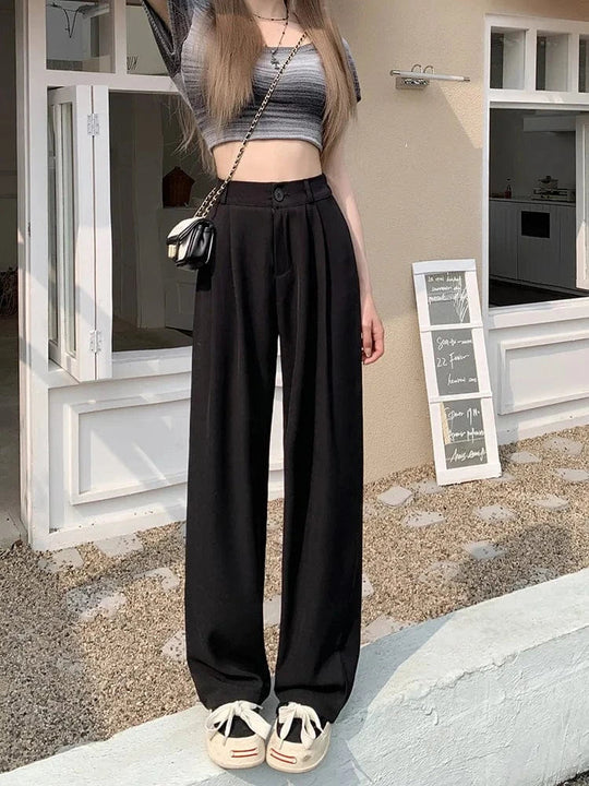Damskie Spodnie z Wysokim Stanem i Szerokimi Nogawkami | Kieszenie Boczne | Zapięcie na Guzik i Zamek | Eleganckie Spodnie Casual