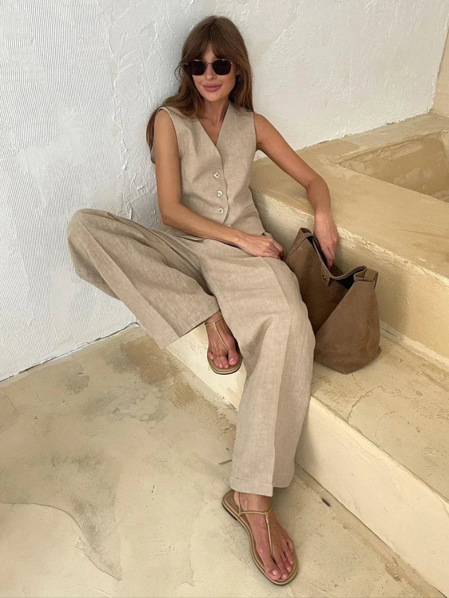 Kobieta | Elegancki Zestaw Lniany | Top Bez Rękawów | Dopasowane Spodnie | Stylowy Komplet