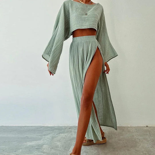 Kobieta | Stylowy Zestaw 2-Częściowy | Crop Top z Długim Rękawem | Długa Spódnica z Rozcięciami | Nowoczesny Komplet
