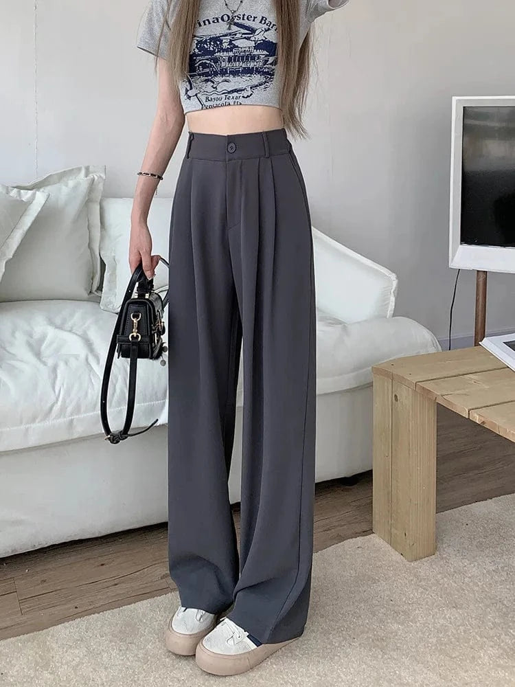 Damskie Spodnie z Wysokim Stanem i Szerokimi Nogawkami | Kieszenie Boczne | Zapięcie na Guzik i Zamek | Eleganckie Spodnie Casual