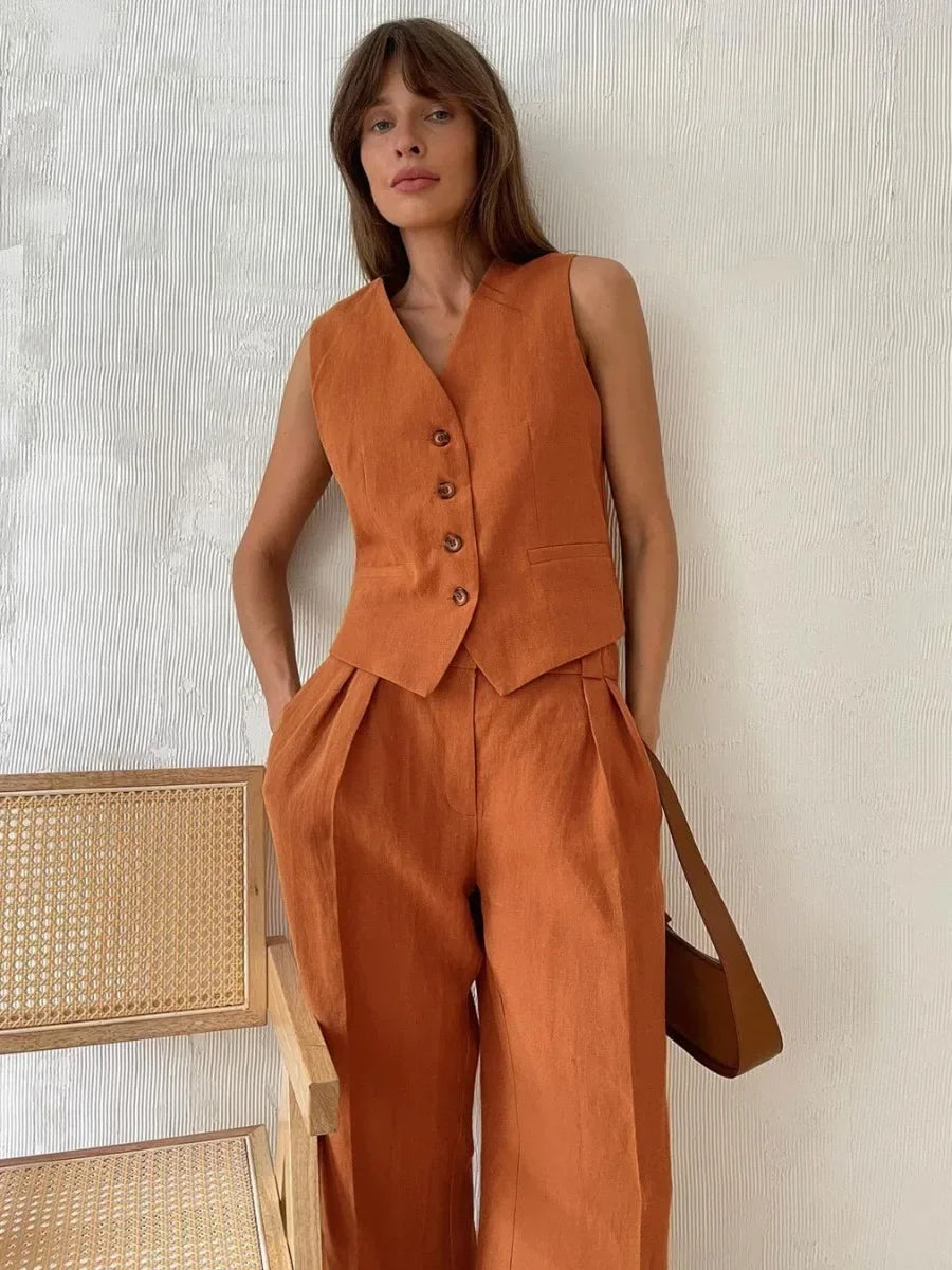 Kobieta | Elegancki Zestaw Lniany | Top Bez Rękawów | Dopasowane Spodnie | Stylowy Komplet