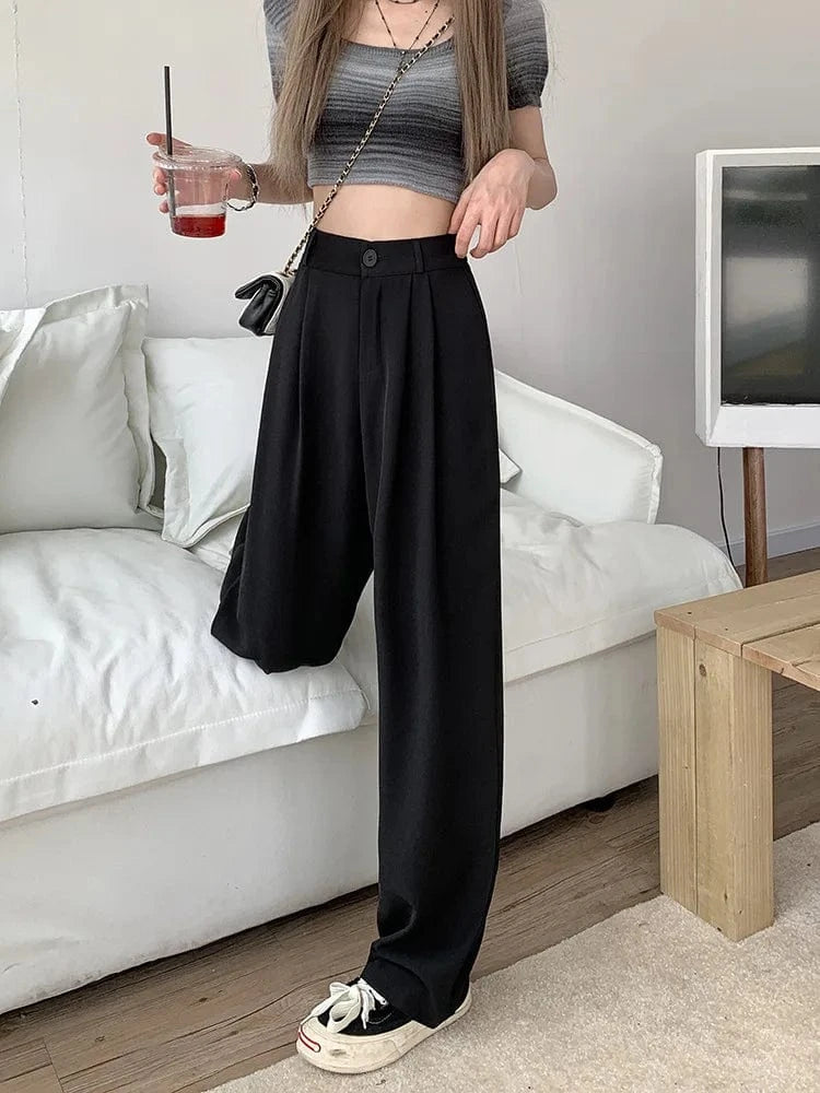 Damskie Spodnie z Wysokim Stanem i Szerokimi Nogawkami | Kieszenie Boczne | Zapięcie na Guzik i Zamek | Eleganckie Spodnie Casual