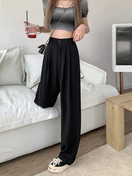 Damskie Spodnie z Wysokim Stanem i Szerokimi Nogawkami | Kieszenie Boczne | Zapięcie na Guzik i Zamek | Eleganckie Spodnie Casual