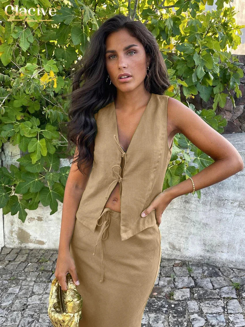 Kobieta | Zestaw Elegancki | Top Bez Rękawów | Spódnica Dopasowana | Styl Minimalistyczny
