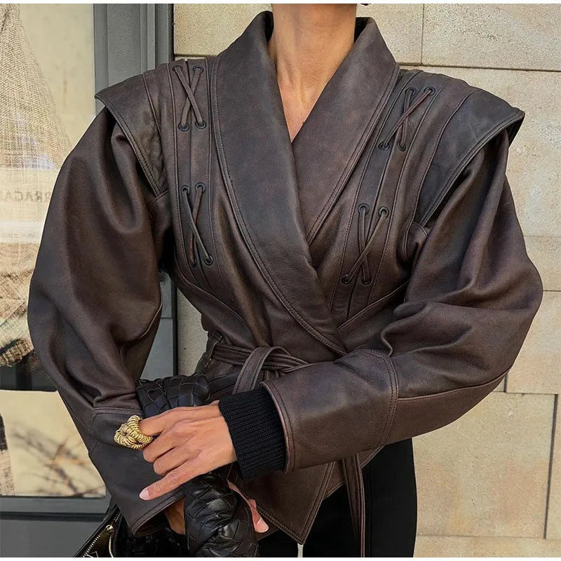 Maïa Elegancka Kurtka z Sztucznej Skóry Damska | Pasek | Krótki Fason | Stylowa i Nowoczesna