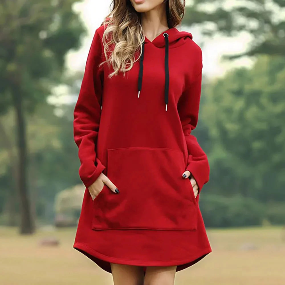 Damska sukienka-hoodie casual | Miękka i ciepła | Luźny krój z kieszenią i regulowanym kapturem | Jesień Zima