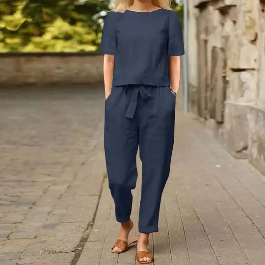 Linen Ease | Damski Lniany Zestaw Dwuczęściowy z Topem i Spodniami | Lekki Styl