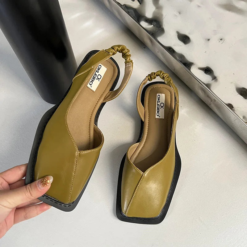 Amelija | Skórzane Sandały Slingback dla Kobiet - Płaskie, Kwadratowy Nos, Wygodne Buty