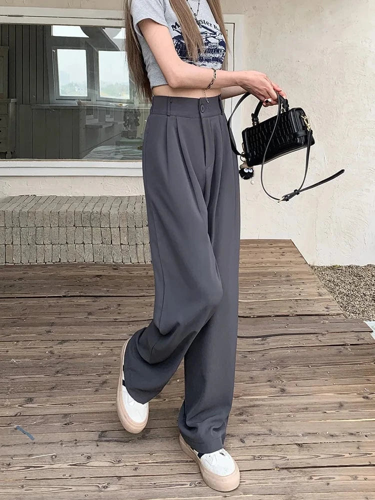 Damskie Spodnie z Wysokim Stanem i Szerokimi Nogawkami | Kieszenie Boczne | Zapięcie na Guzik i Zamek | Eleganckie Spodnie Casual