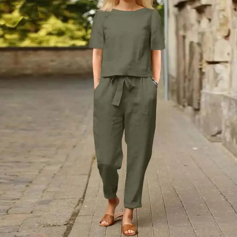 Linen Ease | Damski Lniany Zestaw Dwuczęściowy z Topem i Spodniami | Lekki Styl