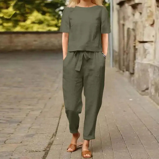 Linen Ease | Damski Lniany Zestaw Dwuczęściowy z Topem i Spodniami | Lekki Styl
