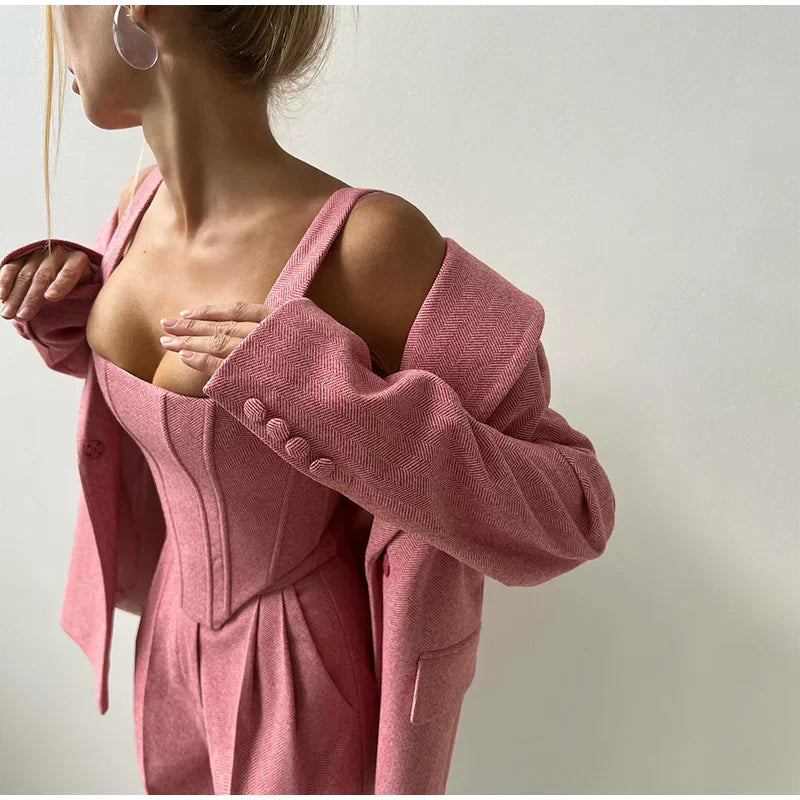 Damski | Zestaw Garniturowy 3-Częściowy | Blazer | Top Gorsetowy | Spodnie z Wysokim Stanem | Pat | Elegancki