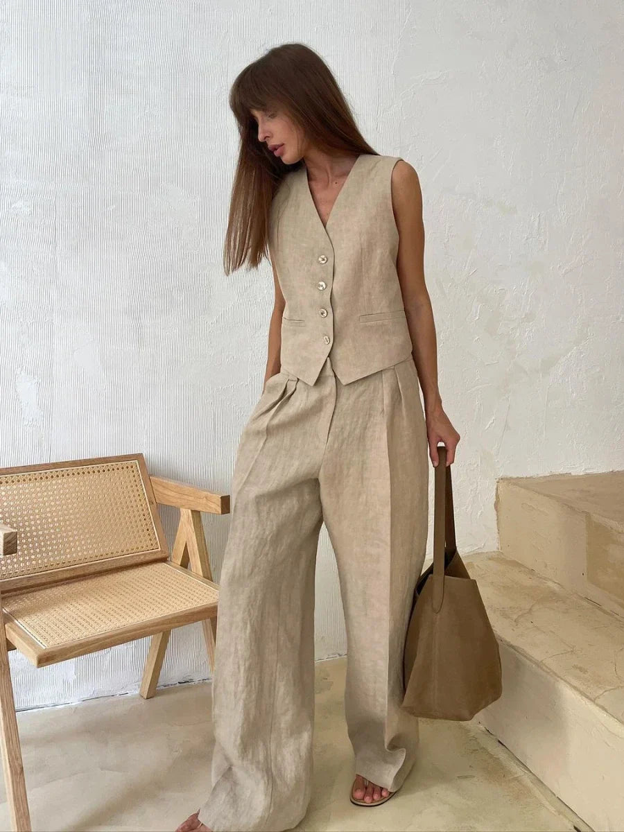 Kobieta | Elegancki Zestaw Lniany | Top Bez Rękawów | Dopasowane Spodnie | Stylowy Komplet