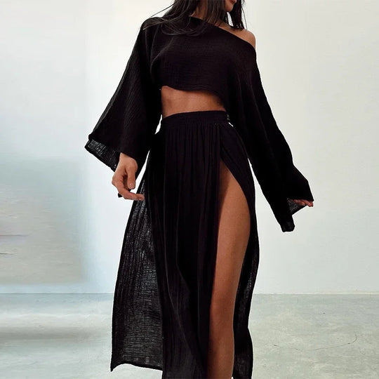 Kobieta | Stylowy Zestaw 2-Częściowy | Crop Top z Długim Rękawem | Długa Spódnica z Rozcięciami | Nowoczesny Komplet